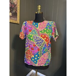 Anne And Frank Font age Colorful Artsy Short Sleeve Silk Blouse Top S Small